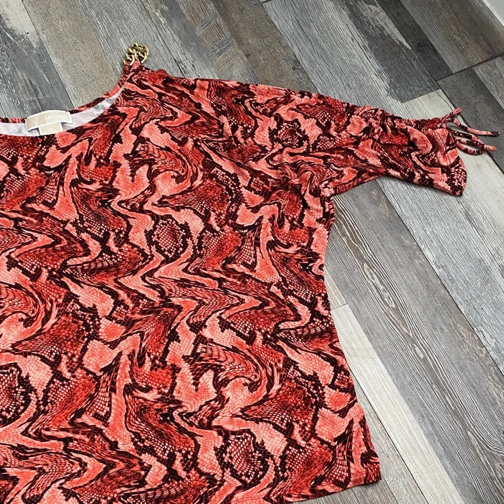 Michael Kors Red and Black Swirl Blouse with Gold Chains 3/4 sleeves